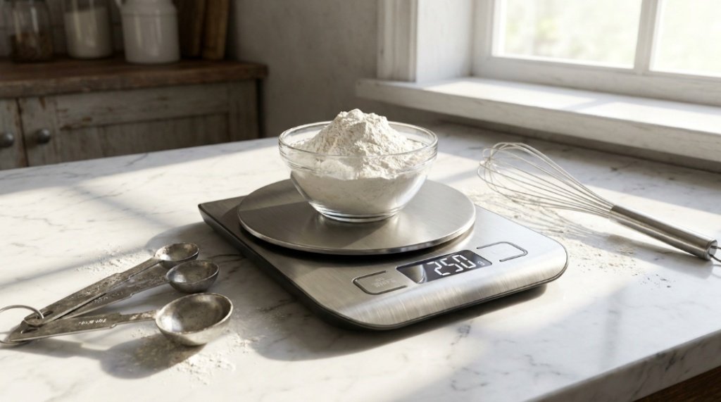Digital food scale measuring flour on a marble countertop.