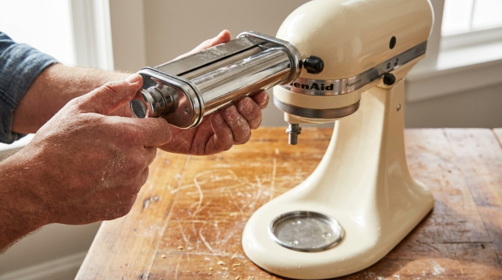 KitchenAid stand mixer fitted with an Antree pasta maker attachment on a counter.