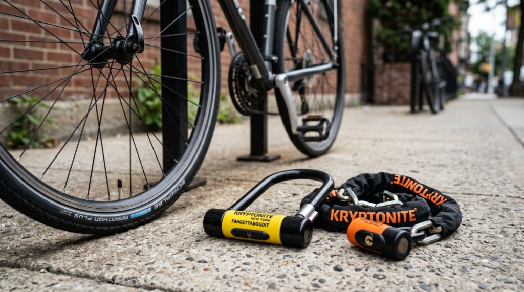 High-security chain lock wrapped around a bicycle frame.