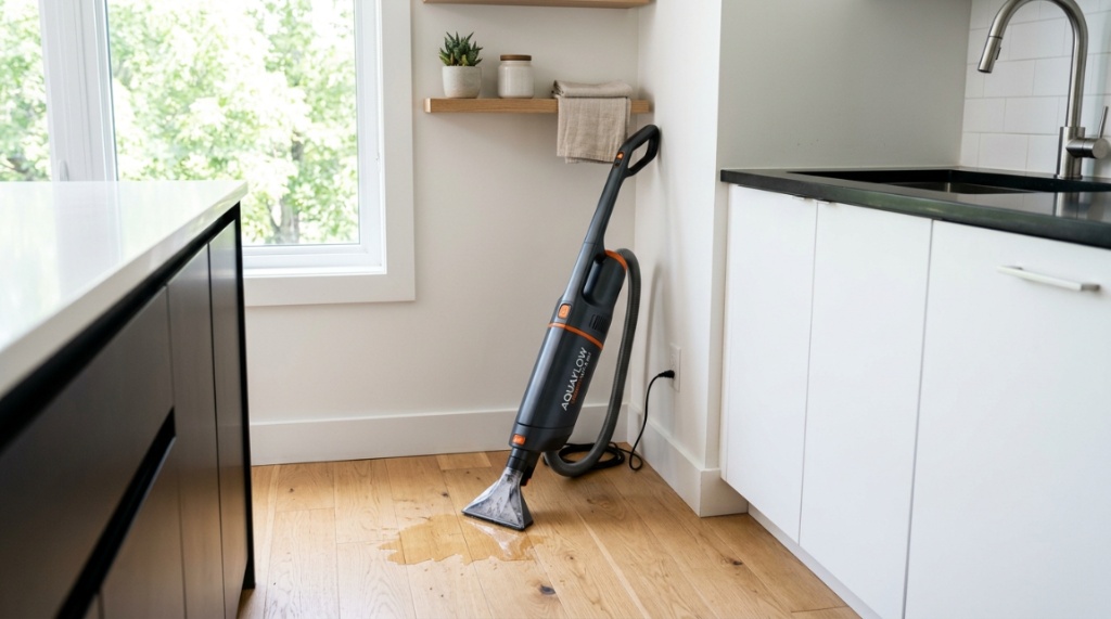 Sleek compact wet dry vacuum cleaning a kitchen spill in a modern apartment.