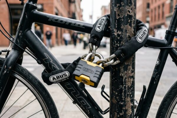 Heavy-duty U-lock securing a bicycle to a metal city rack.