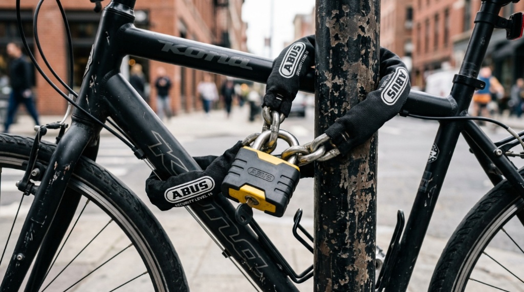 Heavy-duty U-lock securing a bicycle to a metal city rack.