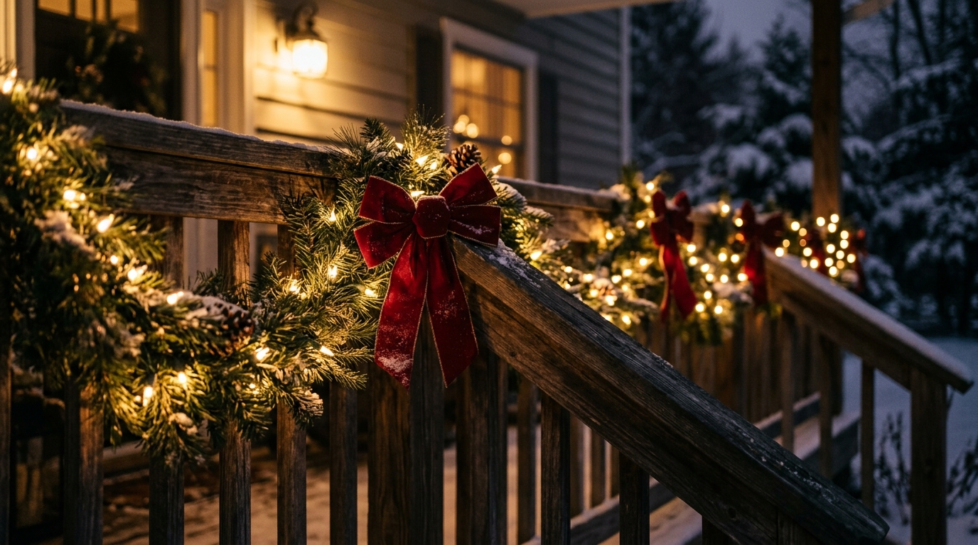 Glowing fairy lights woven through green holiday garlands on railing. 