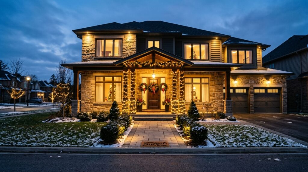 Warm string lights and holiday wreaths illuminate a festive porch.