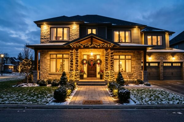Warm string lights and holiday wreaths illuminate a festive porch.